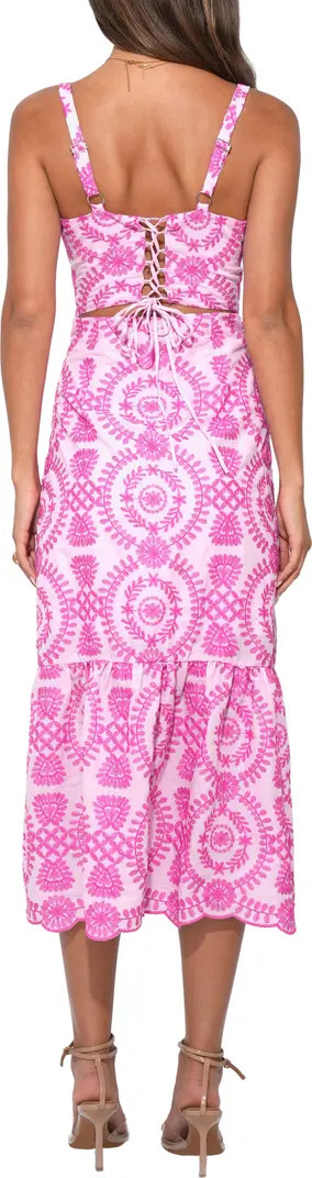 Raelynn Lace-Up Embroidered Midi Dress | Nordstrom