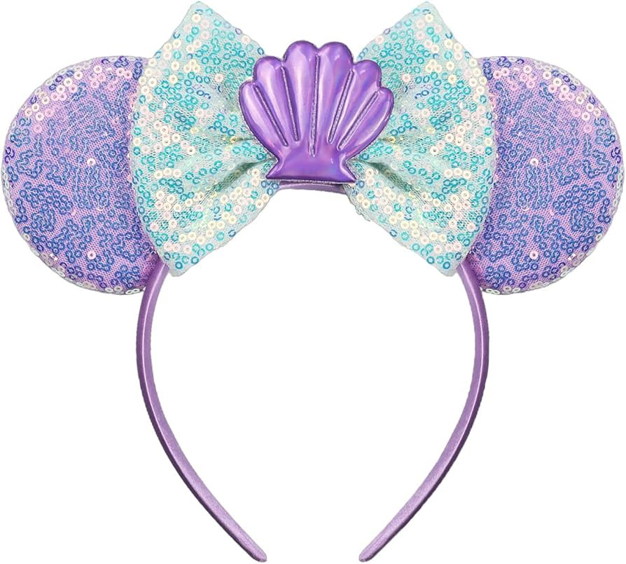 JIAHANG Mermaid Mouse Ears Headband with Sequin Bow, Seashell Hair Band Party Decoration Headwear... | Amazon (US)