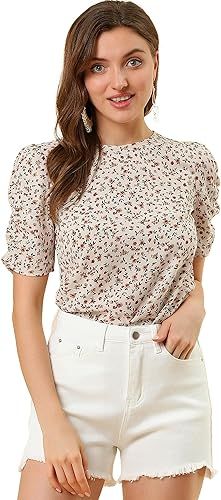 Allegra K Women's Floral Blouse Crew Neck Summer Casual Shirred Short Sleeve Top | Amazon (US)