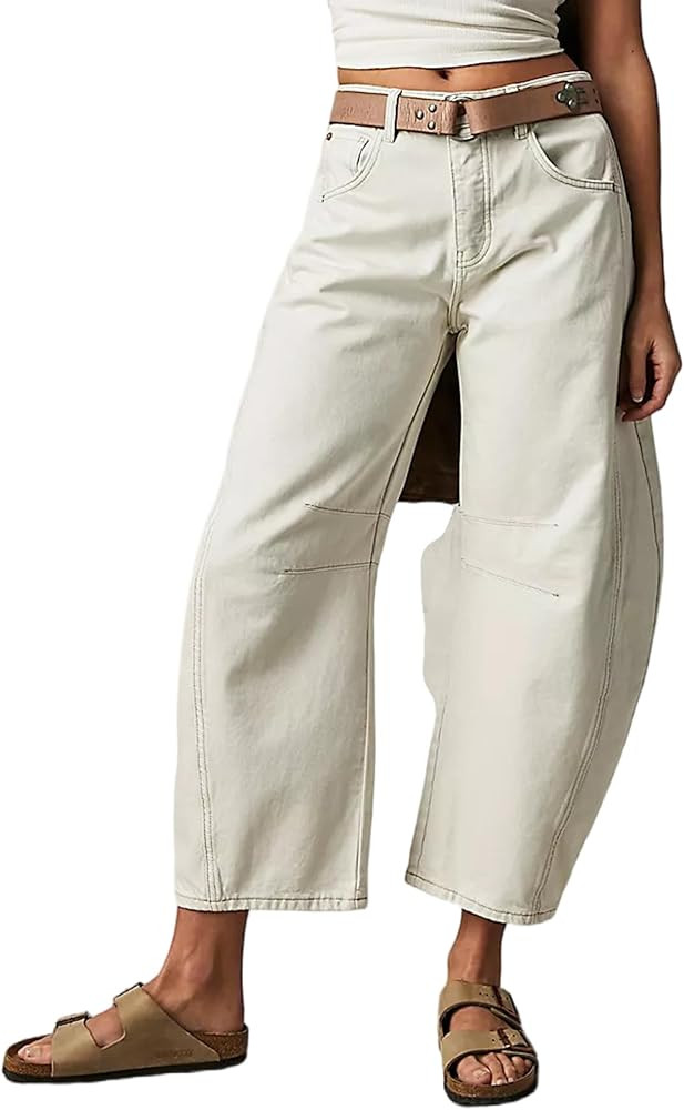 Women Wide Leg Barrel Jeans Baggy Mid Waist Cropped Balloon Denim Pants Vintage Boyfriend Y2k Loo... | Amazon (US)
