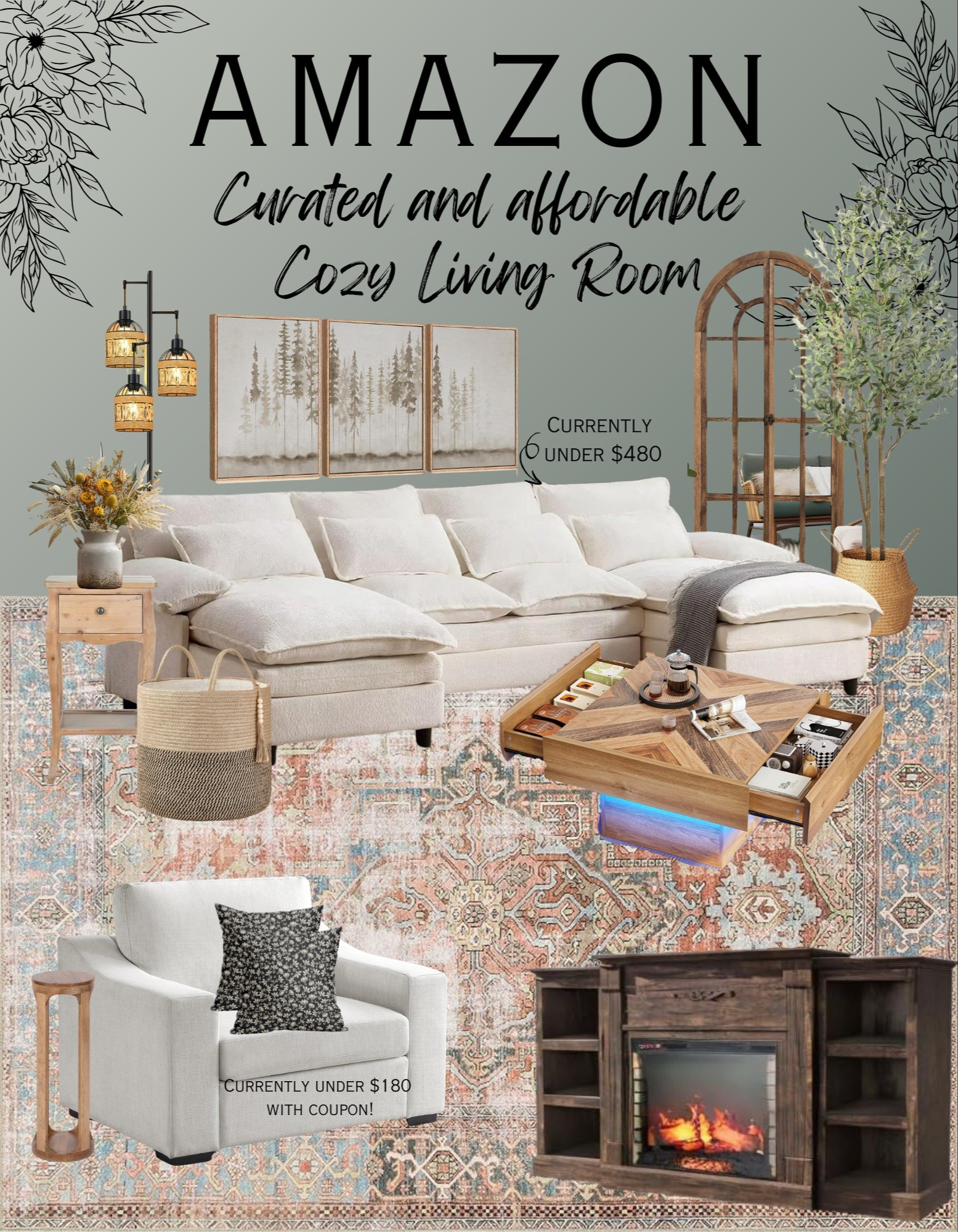 Amazon curated cozy living room! Almost everything is on sale or has a coupon available! Shop these finds below 👇  . . . Cozy living room, affordable living room, couch, cozy couch, sectional couch, coffee table, fireplace mantle, built in fireplace, fireplace, mantle, basket, oversized chair, living room chair, accent table, wall art, mountain wall art, neutral home decor, wall mirror, floor mirror, farmhouse living room, modern farmhouse living room, amazon rug, vintage rug, washable rug, floor lamp, olive tree, 6ft olive tree, living room, living room inspo, affordable living room, vase, farmhouse vase, decorative pillows, accent pillows

#LTKHome #LTKSaleAlert #LTKStyleTip