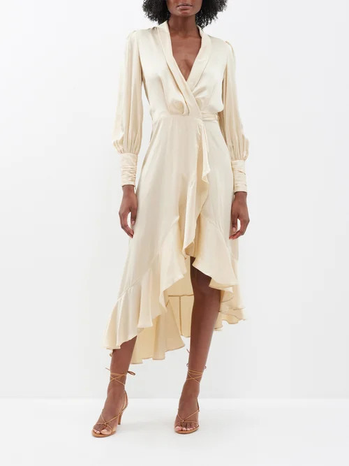 Zimmermann - Ruffled Asymmetric Silk-satin Wrap Dress - Womens - Cream | Matches (US)