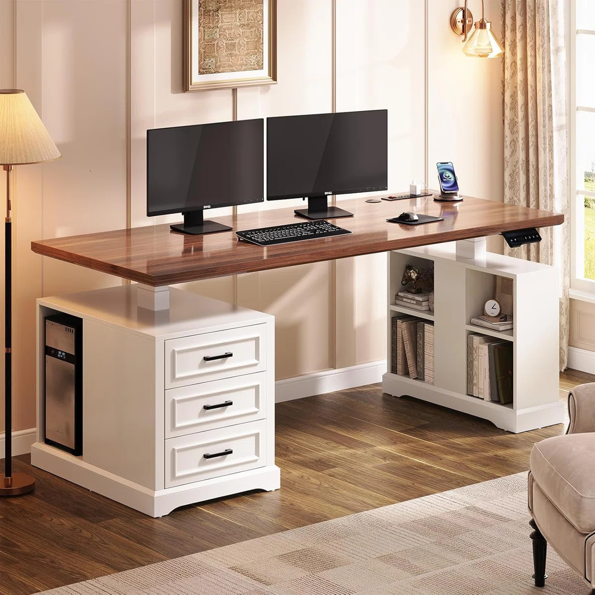 Farmhouse Electric Standing Desk, 63" Height Adjustable Computer Desk With 3 Drawers | Wayfair North America