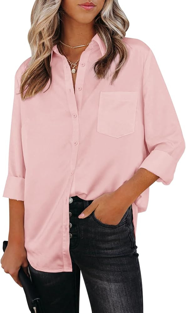 Aoudery Womens Button Down Shirts Dress Shirts Long Sleeve Wrinkle Free Collar Blouses V Neck Wor... | Amazon (US)