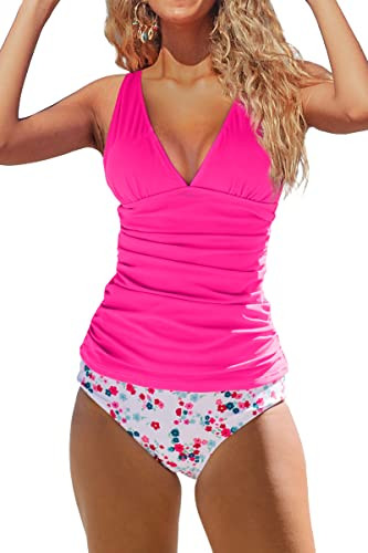 Beachsissi Women's Floral Swimsuits Cute V Neck Ruched Tankini Set, Rose Red, L | Amazon (US)