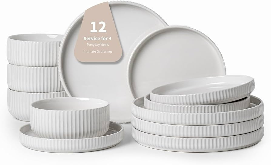 Dinnerware Sets for 4, 12-Piece High-Gloss White Dish Set, Modern Stoneware Plates and Bowls, Scr... | Amazon (US)
