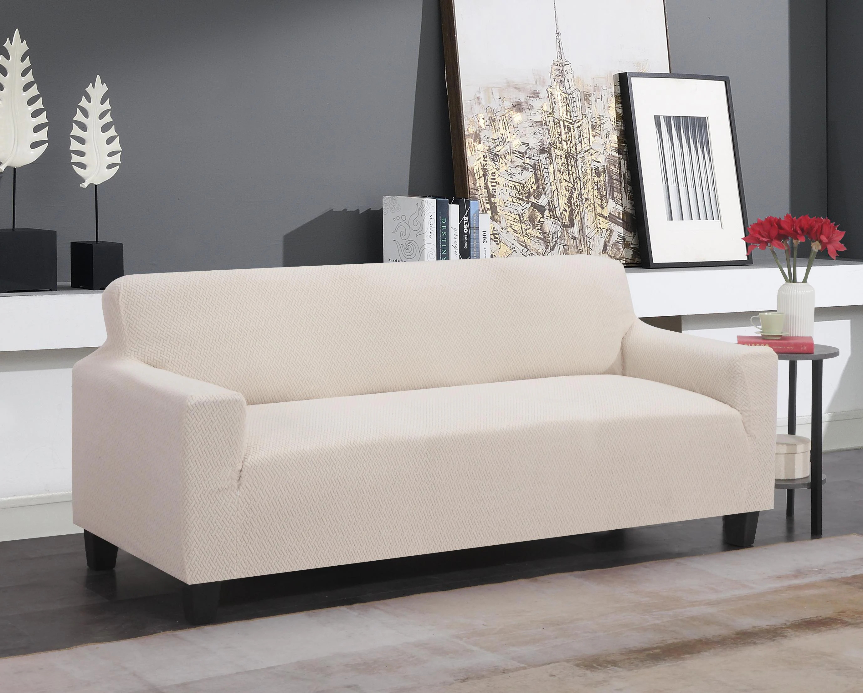 J&V TEXTILES Beige Microsuede Sofa Slipcover 124-in W x 40-in H x 76-in D in White | STRETCH-SOFA BEIGE | Lowe's