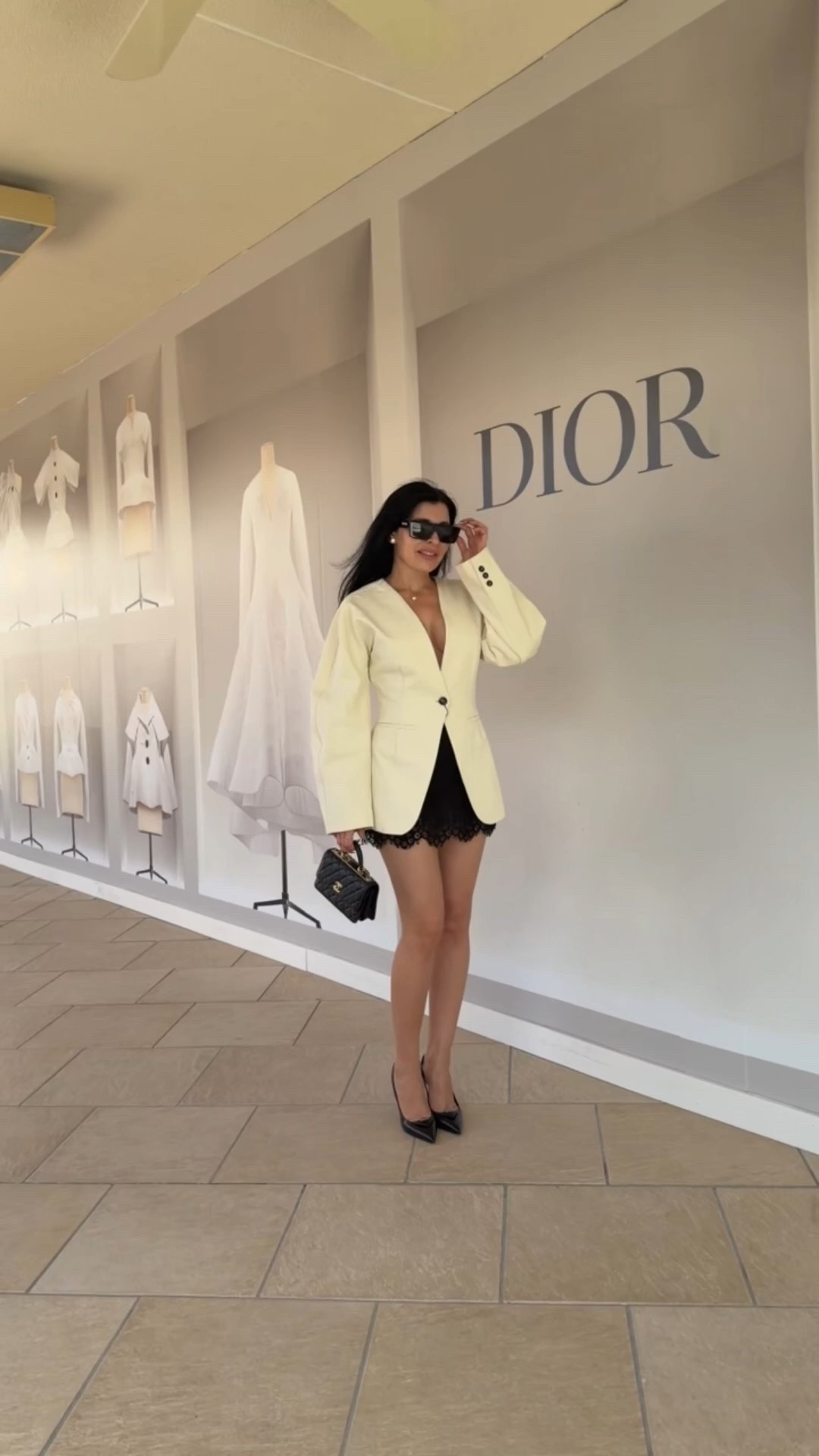 Revolve oversized blazer and black lace skirt 