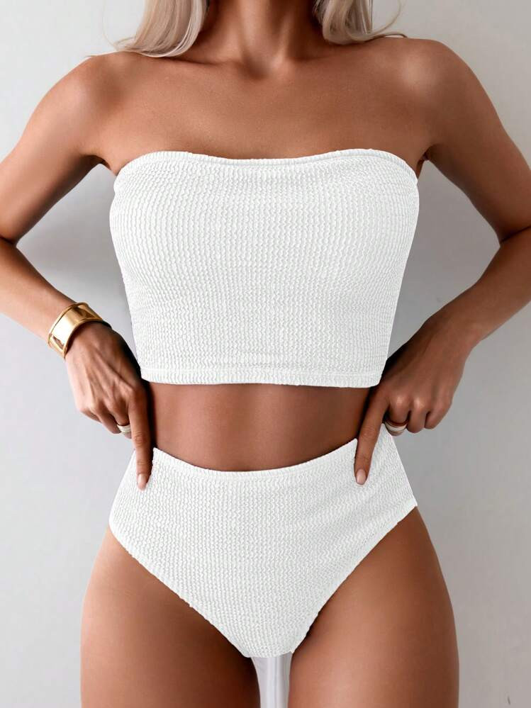 SHEIN Swim Women's Solid Color Basic White Tube Bikini Set Summer | SHEIN