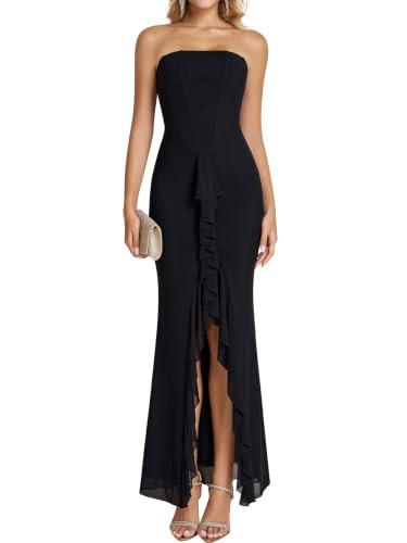 KUTUMAI Tube Top Corset Ruffle Long Formal Wedding Guest Cocktail Dress | Amazon (US)