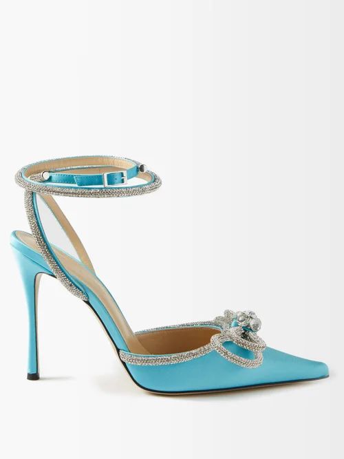 Mach & Mach - Double Bow 110 Crystal-embellished Satin Sandals - Womens - Blue | Matches (US)