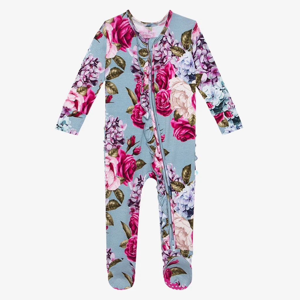 Floral Blue Baby Girl Sleeper | Lacey | Posh Peanut