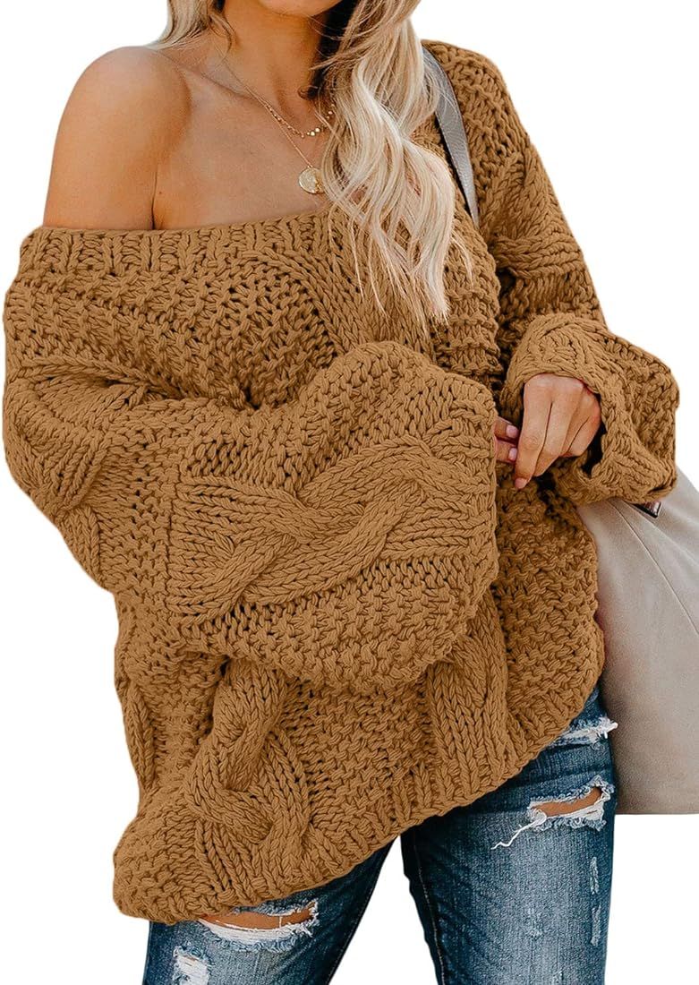 Astylish Women Sexy Long Sleeve Off Shoulder Loose Cable Knit Pullover Sweater | Amazon (US)