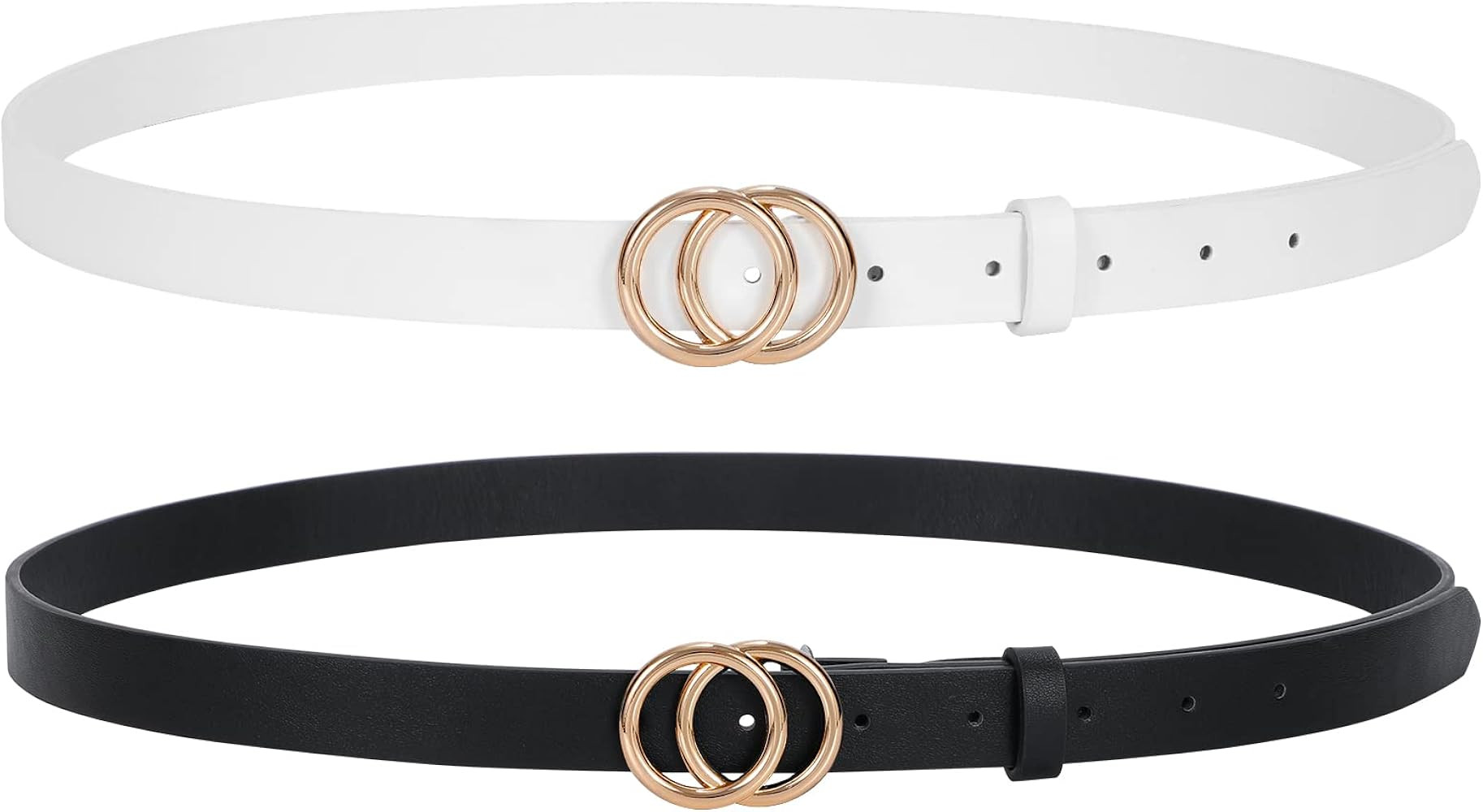 SANSTHS Double Ring Leather Belts for Women O-Style Gold Buckle Skinny Dress Belt 0.86 inch Width... | Amazon (US)