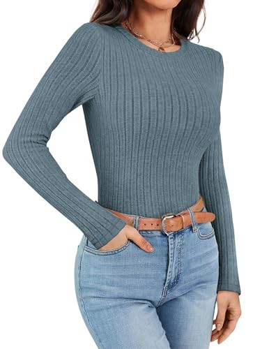 Ekouaer Womens Long Sleeve Ribbed Shirts Crew Neck Trendy Fitted Tops Thermal Under Scrub Basic Layering Dark Blue XL | Amazon (US)