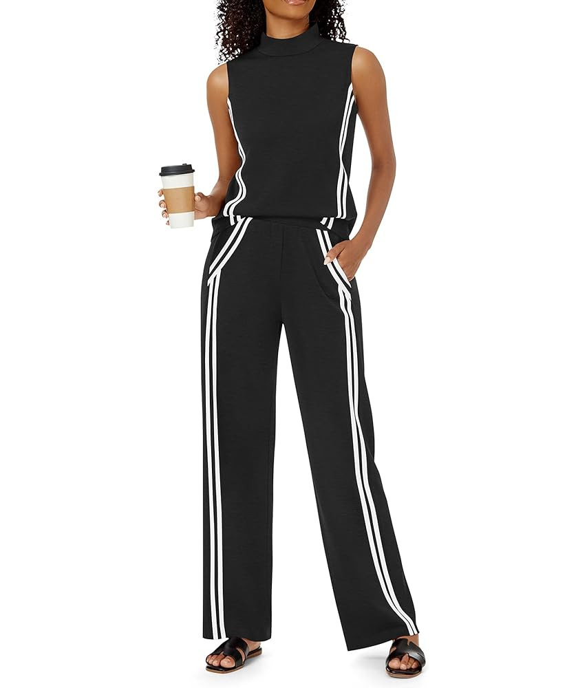 Womens 2 Piece Lounge Set Stripes Travel Outfits Sweatsuit Mock Neck Tank Top Wide Leg Pants Casu... | Amazon (US)