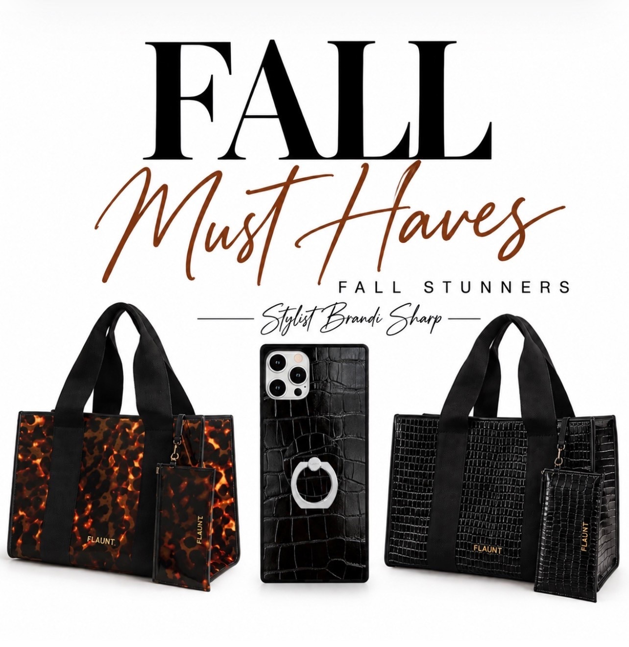 @flaunt fall totes. Chic diaper bags. Makeup travel bag. Tote handbag. Hair and makeup travel.