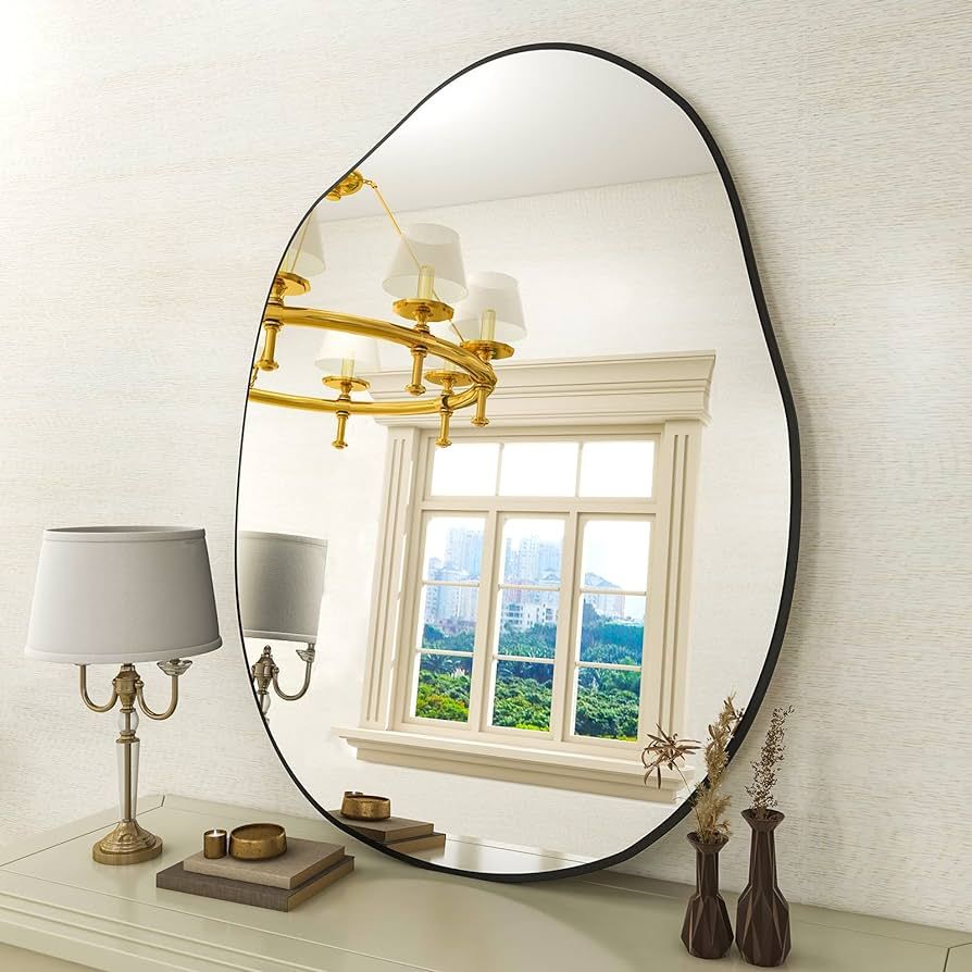 HARRITPURE Irregular Wall Mirror 26"x40" Black Asymmetrical Bathroom Mirror Wood Framed Modern De... | Amazon (US)