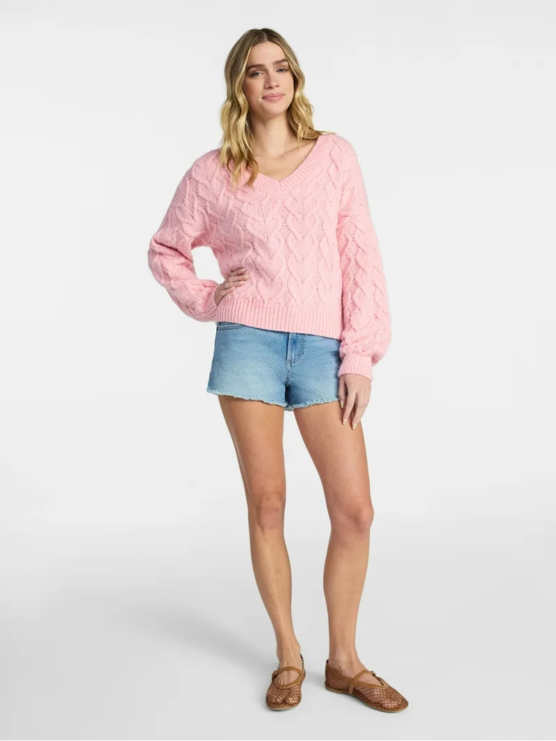 No Boundaries V-Neck Pullover Sweater, Midweight, Women's XXS-XXL | Walmart (US)