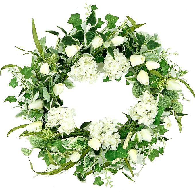 AMF0RESJ 20" Artificial Spring Wreath Summer Wreath Tulip Wreath with Ivy Leaves, White Tulips, H... | Amazon (US)