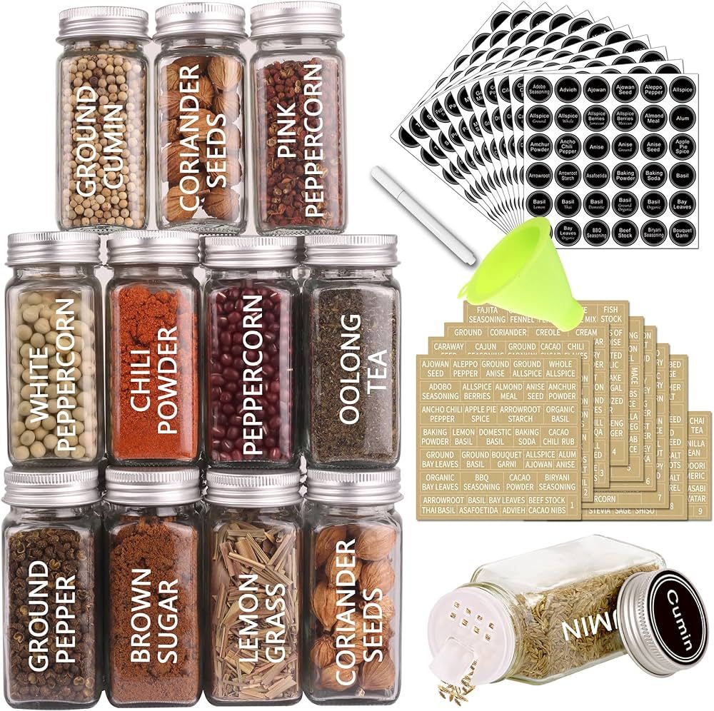 SWOMMOLY 36 Glass Spice Jars with 703 Spice Labels, Empty Square Spice Bottles 4 oz with Pour/Sif... | Amazon (US)