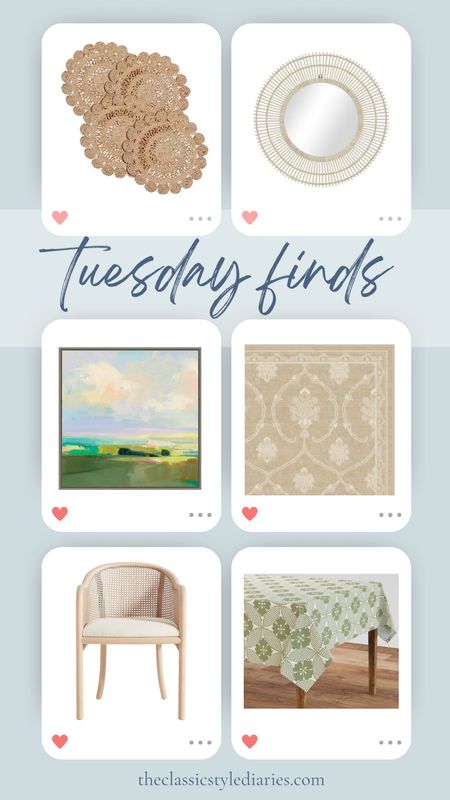 Mostly neutral and organic finds for this Tuesday. Love these jute placemats for Easter tablescape. Such a cute mirror especially for under $100. 3 sizes and 3 frame options for the great art!! Bridgerton washable rug, new C&B collection dining chair and new tablecloth collection! 

#LTKhome #LTKsalealert #LTKfindsunder100