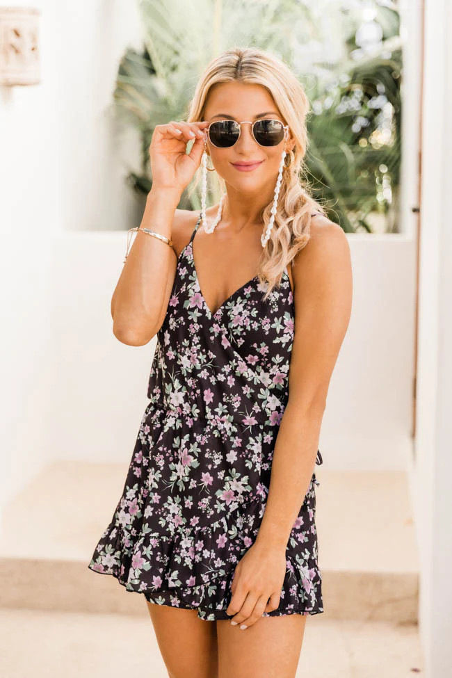 Forbidden Love Wrap Floral Black Romper | The Pink Lily Boutique