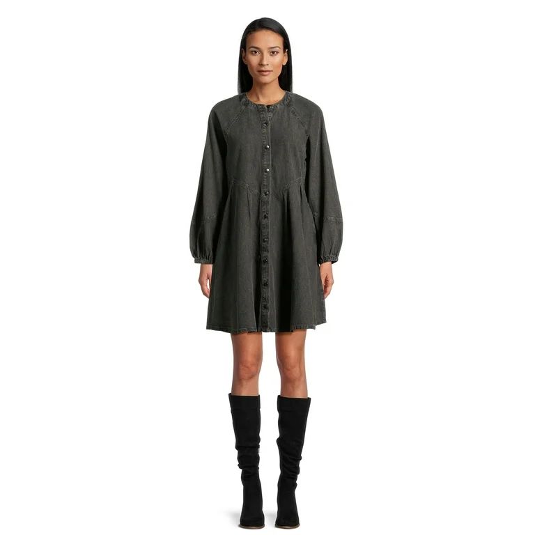 Time and Tru Women's Button Front Denim Mini Dress with Long Sleeves, Sizes XS-XXXL | Walmart (US)