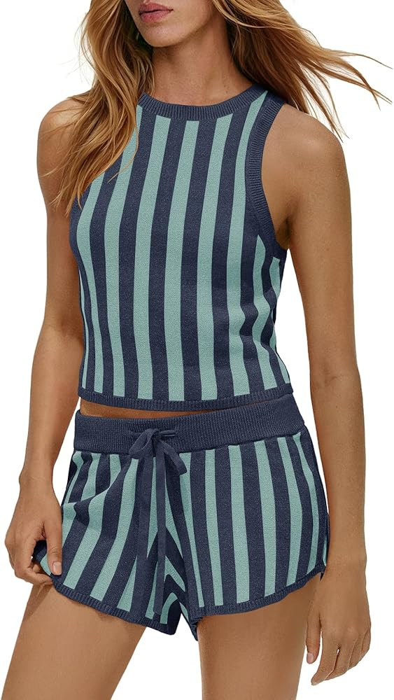 Panadila Womens Two Piece Short Sets Striped Sweater Set Summer Tank Tops High Waisted Shorts Bea... | Amazon (US)