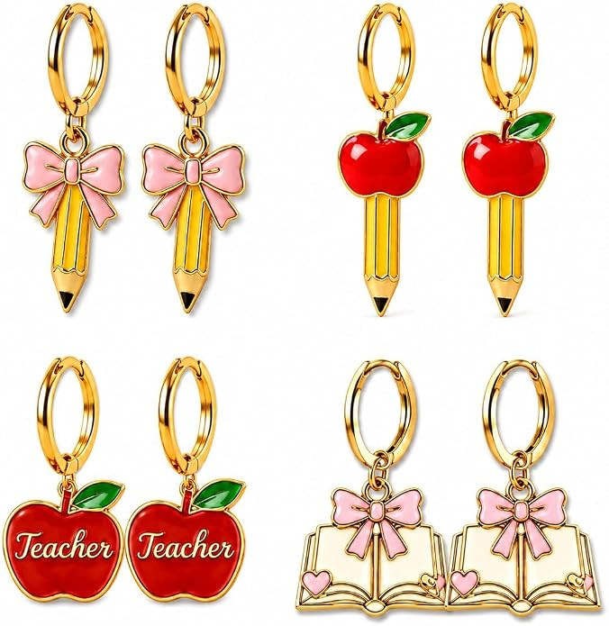 4 Pairs Teacher Earrings for Women Pencil for Teachers with Apple, Book & Bow Charms, Enamel Dang... | Amazon (US)