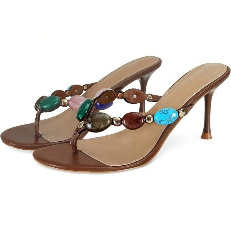 Women's Strappy High Heel Sandals Jewelry Decoration Thin Strap Flip Flops Kitten Heel Slip-On High Heels Stiletto Formal Summer Mules High Heels Round Open Toe Fashion Retro Bohemian Style | SHEIN