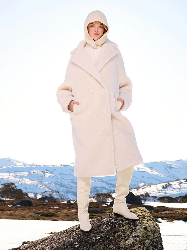 Teddy Lamb Wool Lapel Oversized Coat - Ivory / M | GOELIA