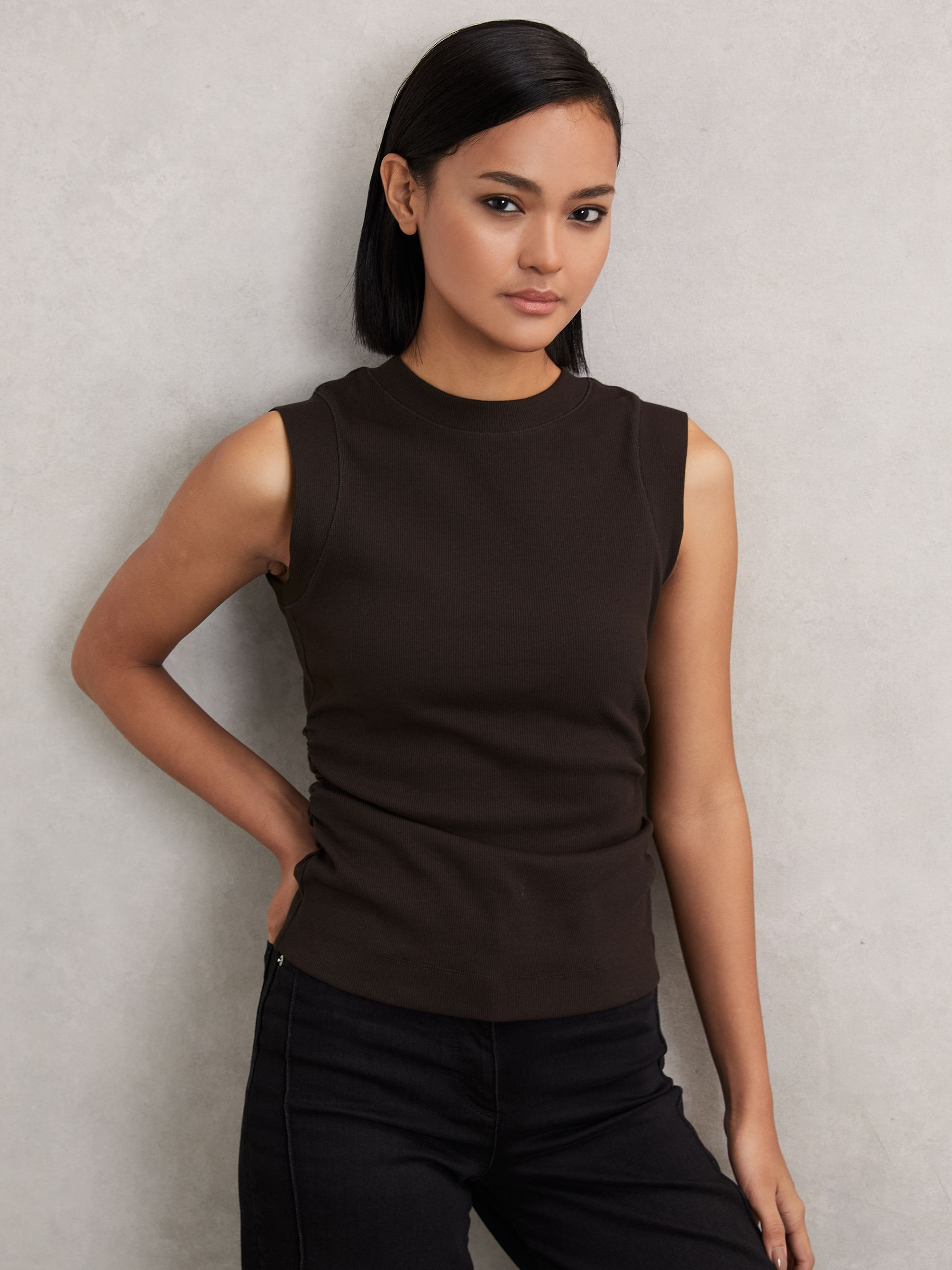 Ribbed Ruched Waist Vest in Chocolate | Reiss US