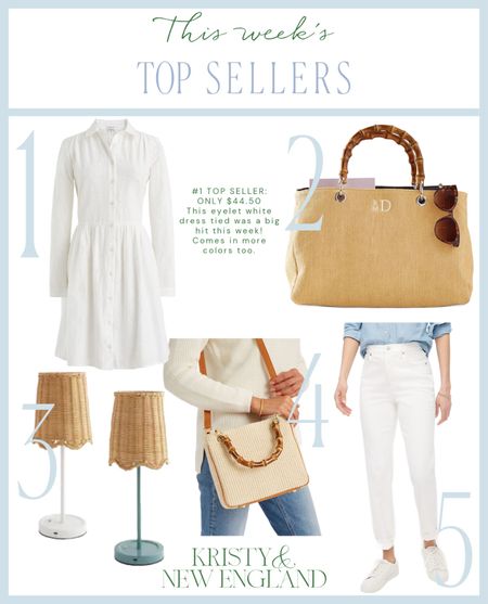 This week’s best seller list: #1 White Eyelet Shirt Dress #2 Bamboo & Raffia Twill Handbag #3 Wicker Shade Tabletop Lamps #4 Bamboo & Raffia Crossbody Bag #5 Tall White Straight Jeans

#LTKsalealert #LTKover40 #LTKhome