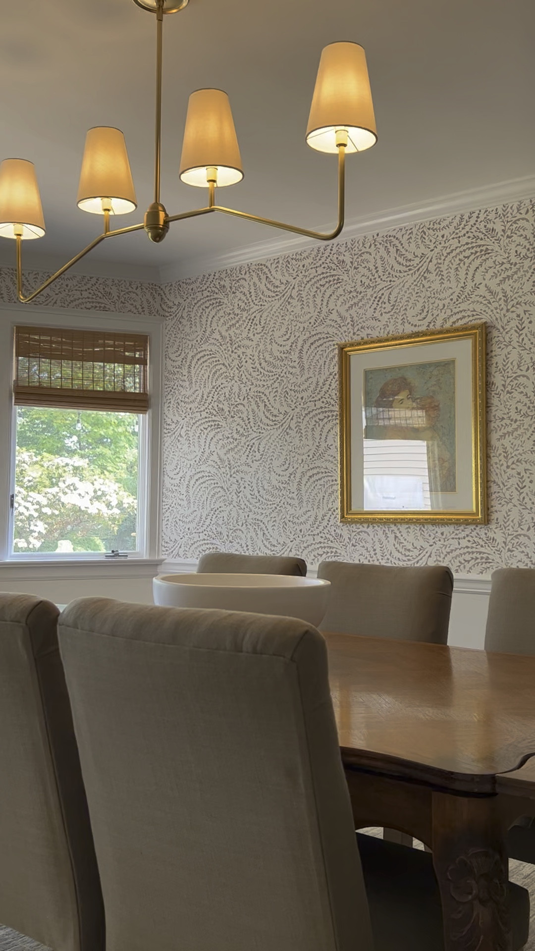 Stunning dining room wallpaper from Serena and Lily, gold light fixture, 4 light chandelier, brass light, gold accents, home decor, transitional decor, Shannon Russo Interiors

#LTKhome #LTKFind