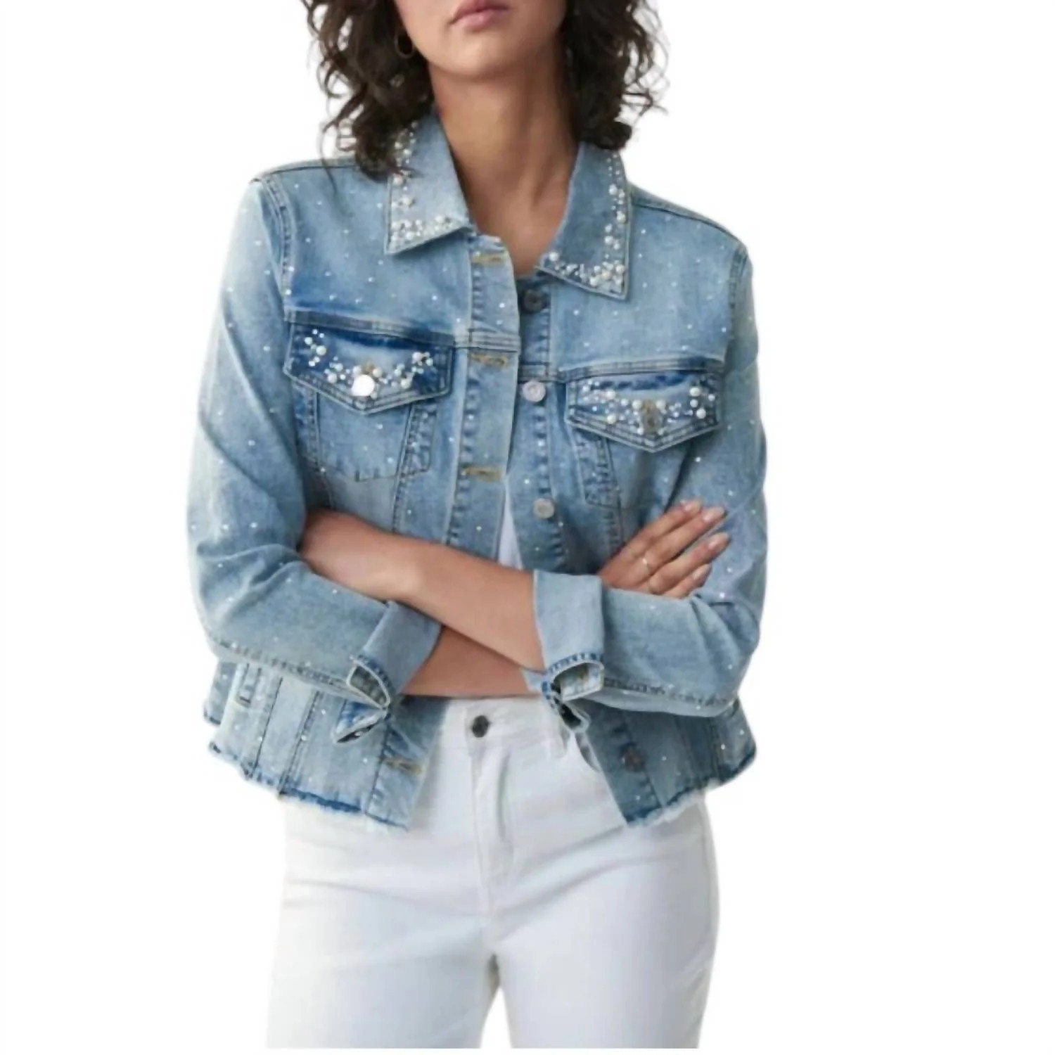 Denim Jacket With Rhinestones In Blue | Shop Simon