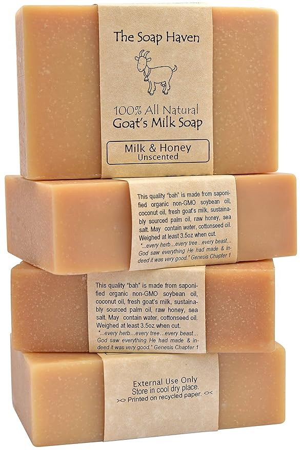 4 Goat Milk Soap Bars with Honey - Handmade in USA. All Natural Soap - Unscented, Fragrance Free,... | Amazon (US)