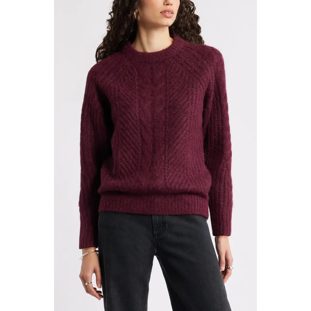 Nordstrom Cable Crewneck Alpaca Blend Sweater in Burgundy Royale at Nordstrom, Size Large | Nordstrom