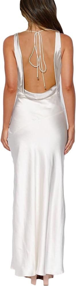 Satin Cowl Neck Sleeveless Backless Maxi Wedding Guest Dress Silk Open Back Tie Back Prom Formal ... | Amazon (US)