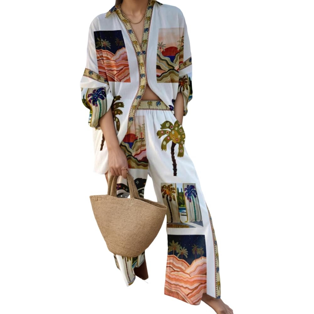 Akivide Womens Beach Vacation 2 Piece Outfits Long Sleeve Button Down Shirts and Matching Drawstr... | Amazon (US)