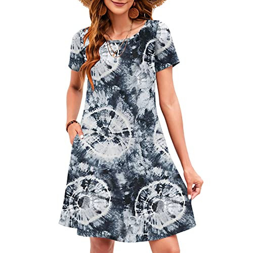 Sherosa Summer Casual Tshirt Dresses for Women Sun Dress with Ppockets(L,Black Tie Dye) | Amazon (US)