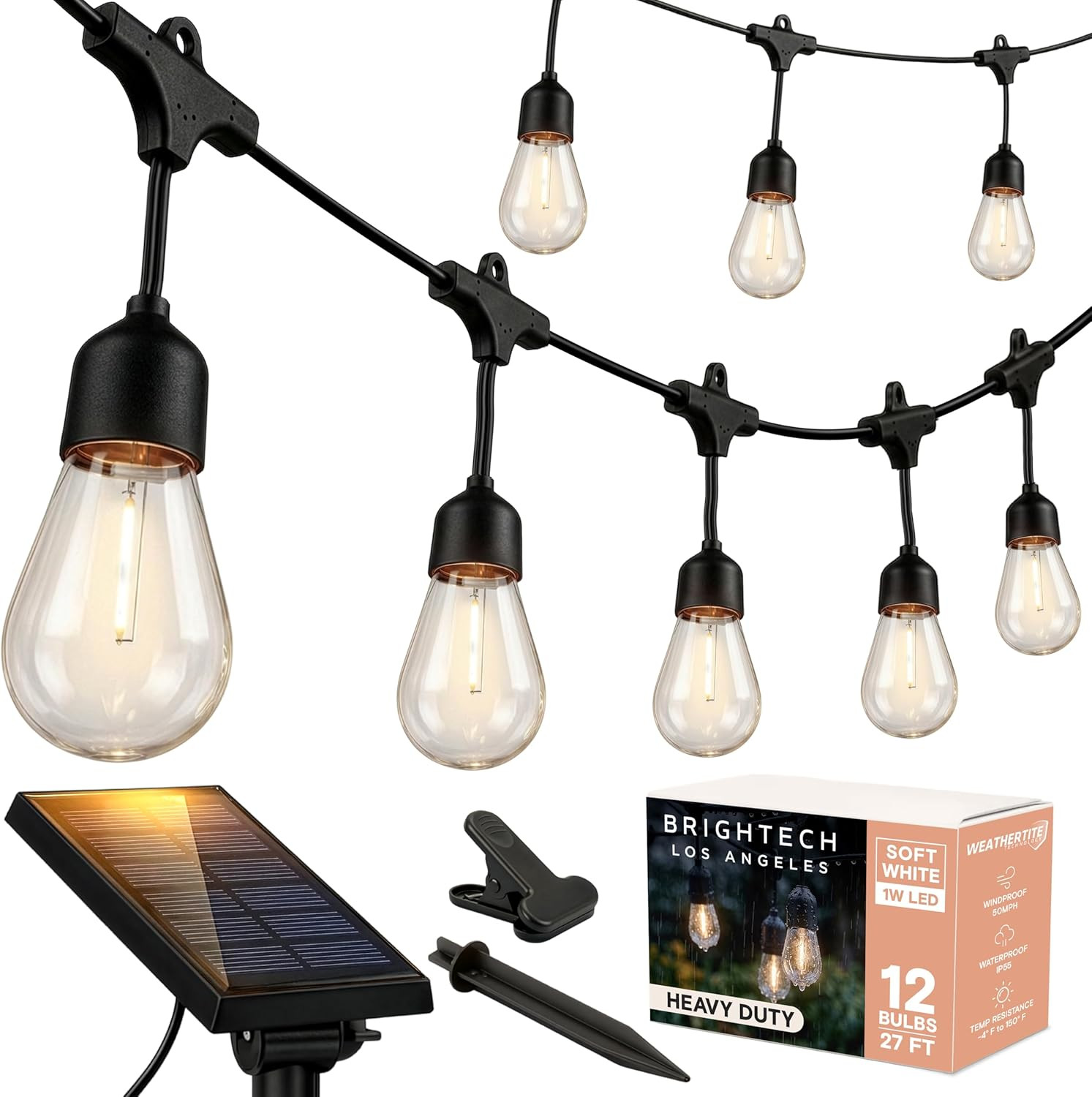 Brightech Ambience Pro 27 Ft Solar Powered String Lights - Commercial Grade Waterproof Patio Lights with Edison Bulbs - Shatterproof LED Solar Outdoor String Lights - 1W LED, Soft White, 12 Bulbs | Amazon (US)