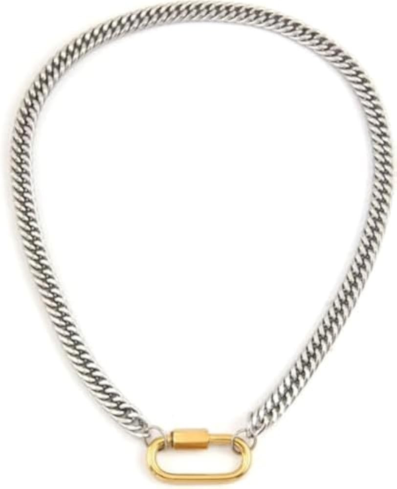 Women Two Color Mountaineering Buckle Necklace Silver Men and Women's Personalized Cuban Paper Cl... | Amazon (US)