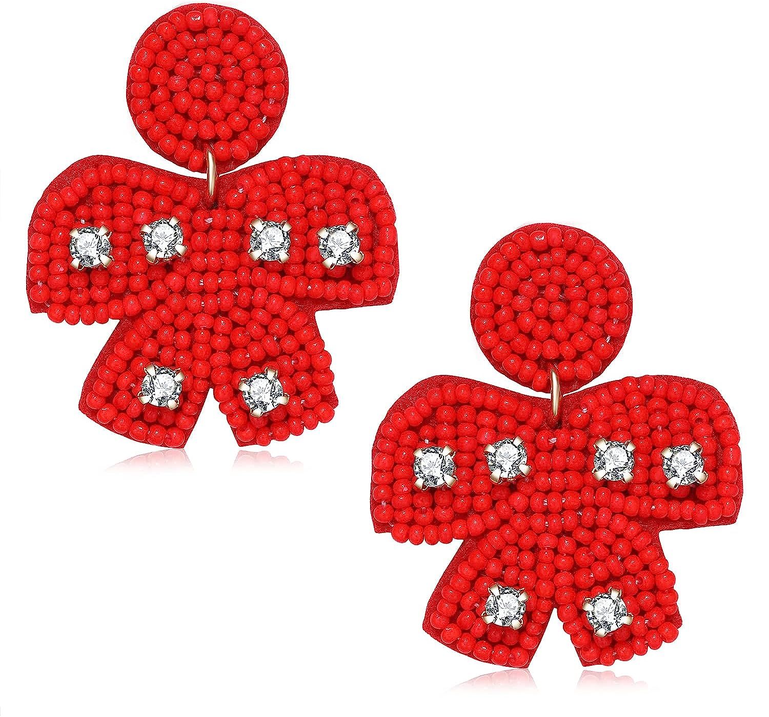 Christmas Bow Earrings Beaded Xmas Red Green Bow Beaded Dangle Earrings Hypoallergenic Handmade C... | Amazon (US)
