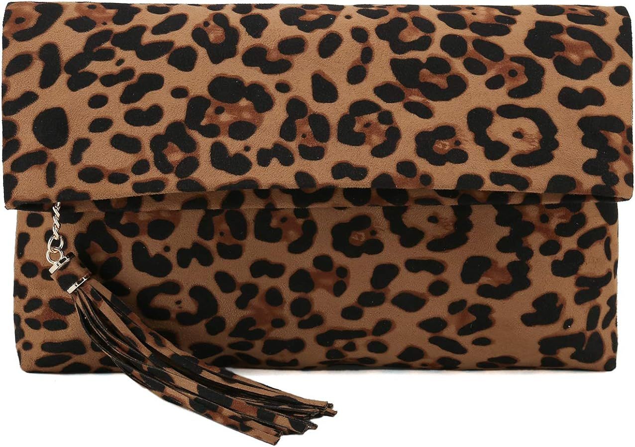 CHARMING TAILOR Leopard Clutch Bag for Women Tassel Foldover Clutch Faux Suede Dressy Purse for D... | Amazon (US)