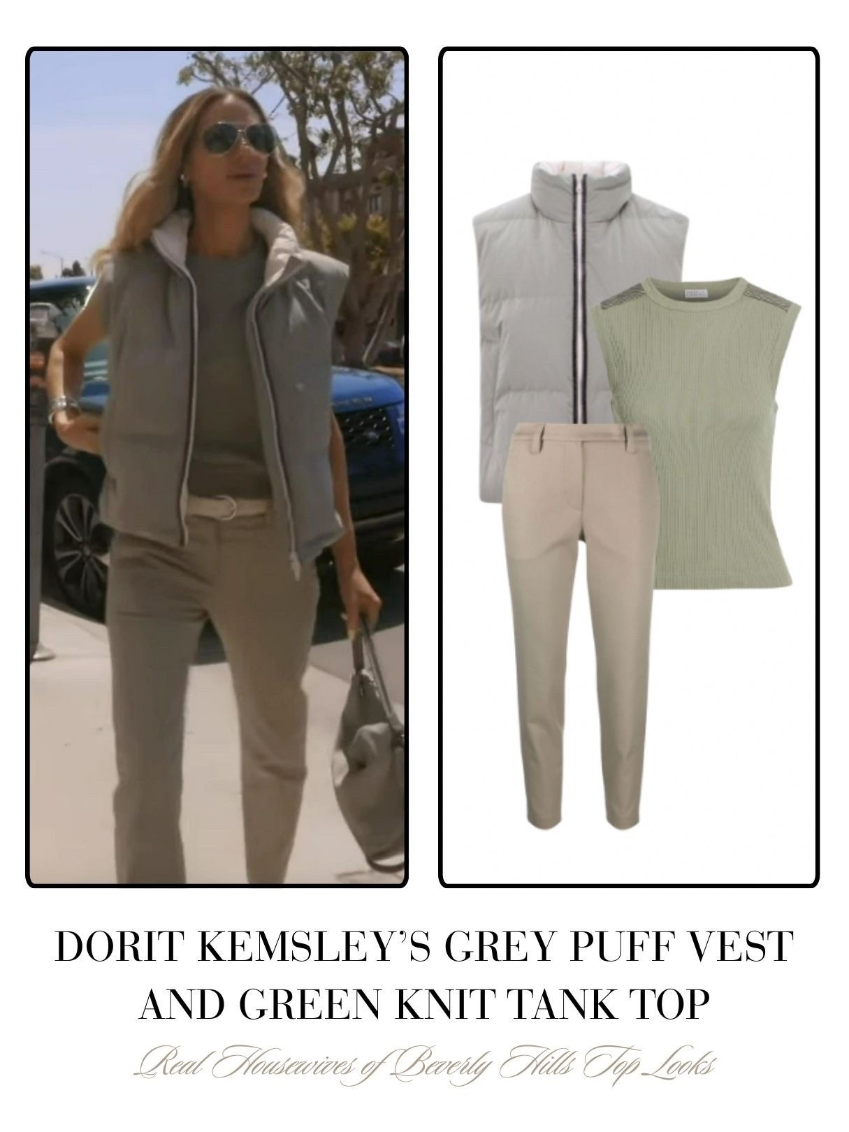 Dorit Kemsley’s Grey Puff Vest and Green Knit Tank Top