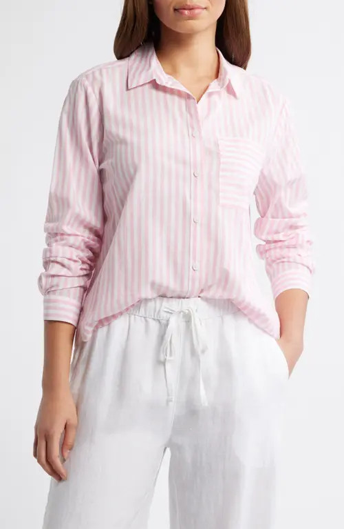beachlunchlounge Candy Stripe Cotton Blend Button-Up Shirt in Light Blush at Nordstrom, Size Small | Nordstrom
