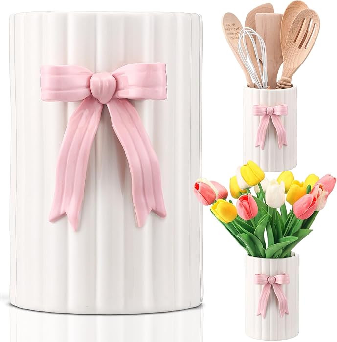 LemonRoad Handmade Pink Bow Ceramic Utensil Holder 3D Coquette Cooking Utensil Crock with Scallop... | Amazon (US)