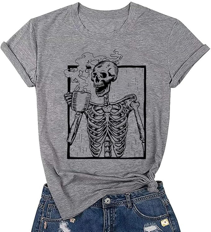 Hot Coffee Skeleton Shirt Women Halloween Skeleton Tshirt Funny Skull Graphic Tees Casual Fall Sh... | Amazon (US)