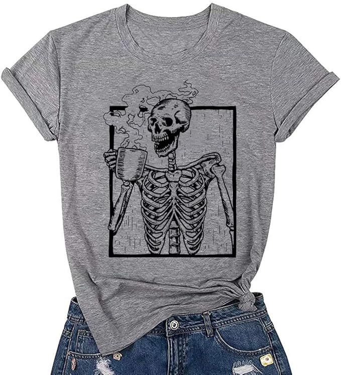 Hot Coffee Skeleton Shirt Women Halloween Skeleton Tshirt Funny Skull Graphic Tees Casual Fall Sh... | Amazon (US)